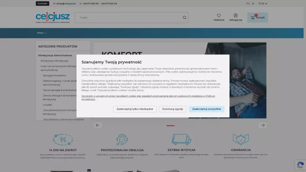 Zrzut ekranu strony Części do klimatyzacji samochodowej | Sklep internetowy Sklepcelcjusz.pl